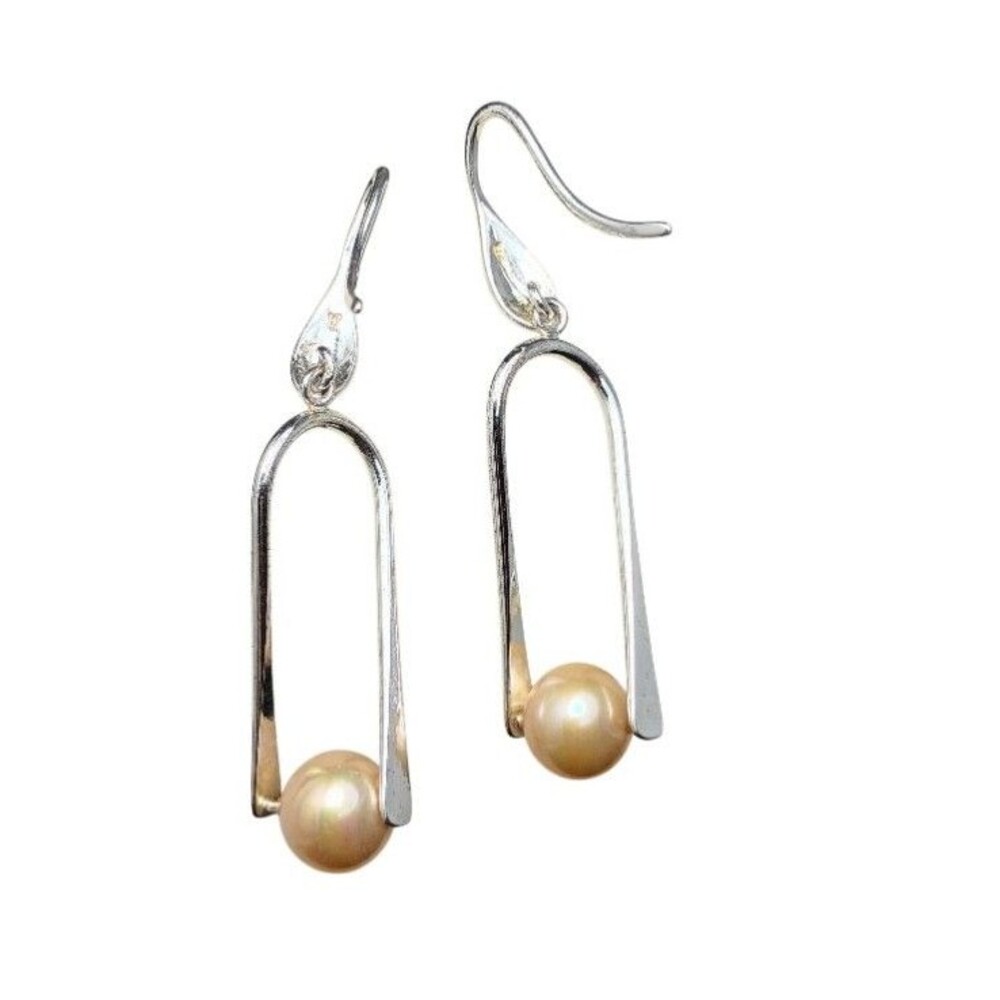 Vintage Sterling Silver Genuine Pearl Dangle Modernist Earrings